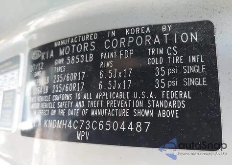 2012 Kia Sedona Ex z USA, uszkodzony, nr VIN KNDMH4C73C6504487